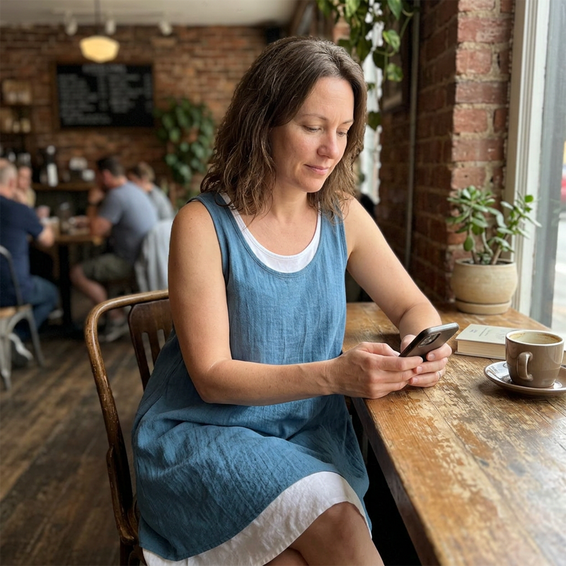 Marnie Layered Sundress - blue, seated at a cafe