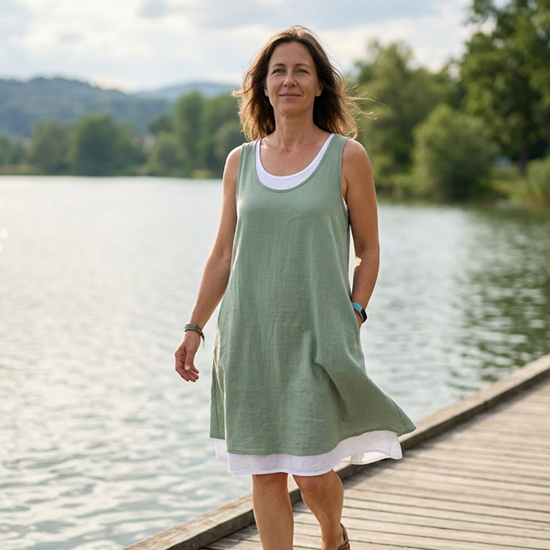 Marnie Layered Sundress - green, walking a lakeside jetty