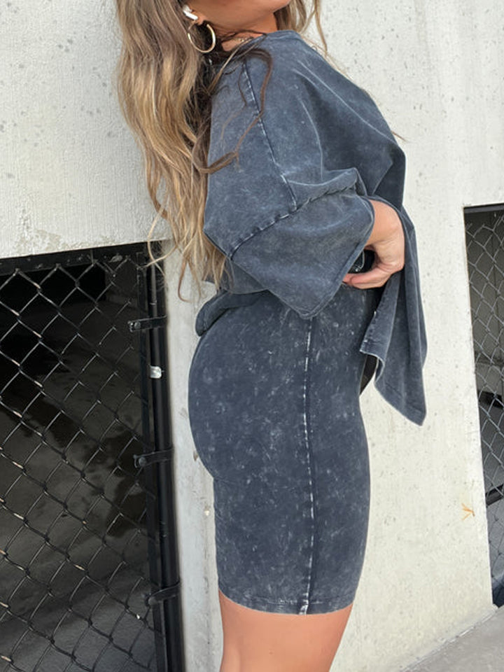 Ariana - Acid Wash Oversized Tee and Biker Shorts Set