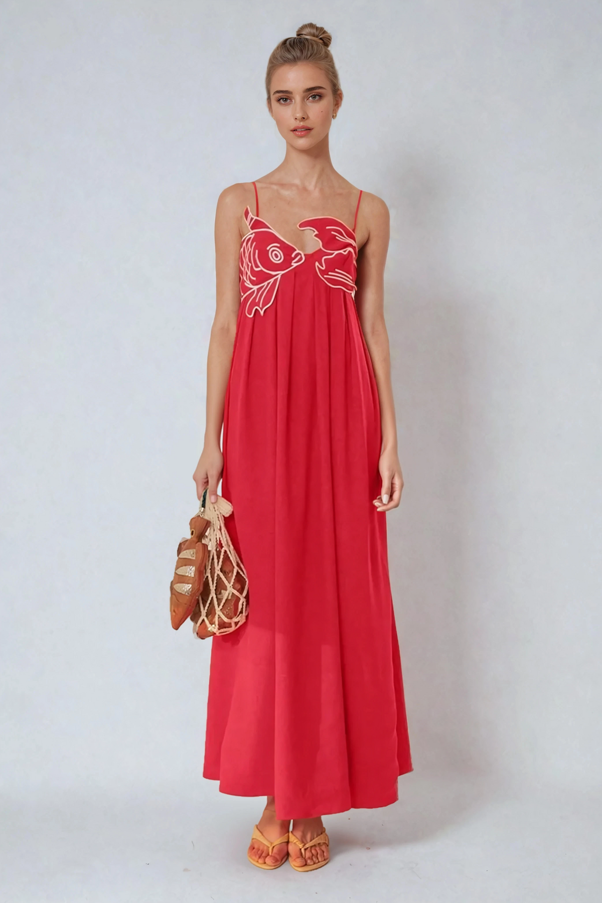 Audrey - Maxi Dress – red with goldfish embroidery – front view on model