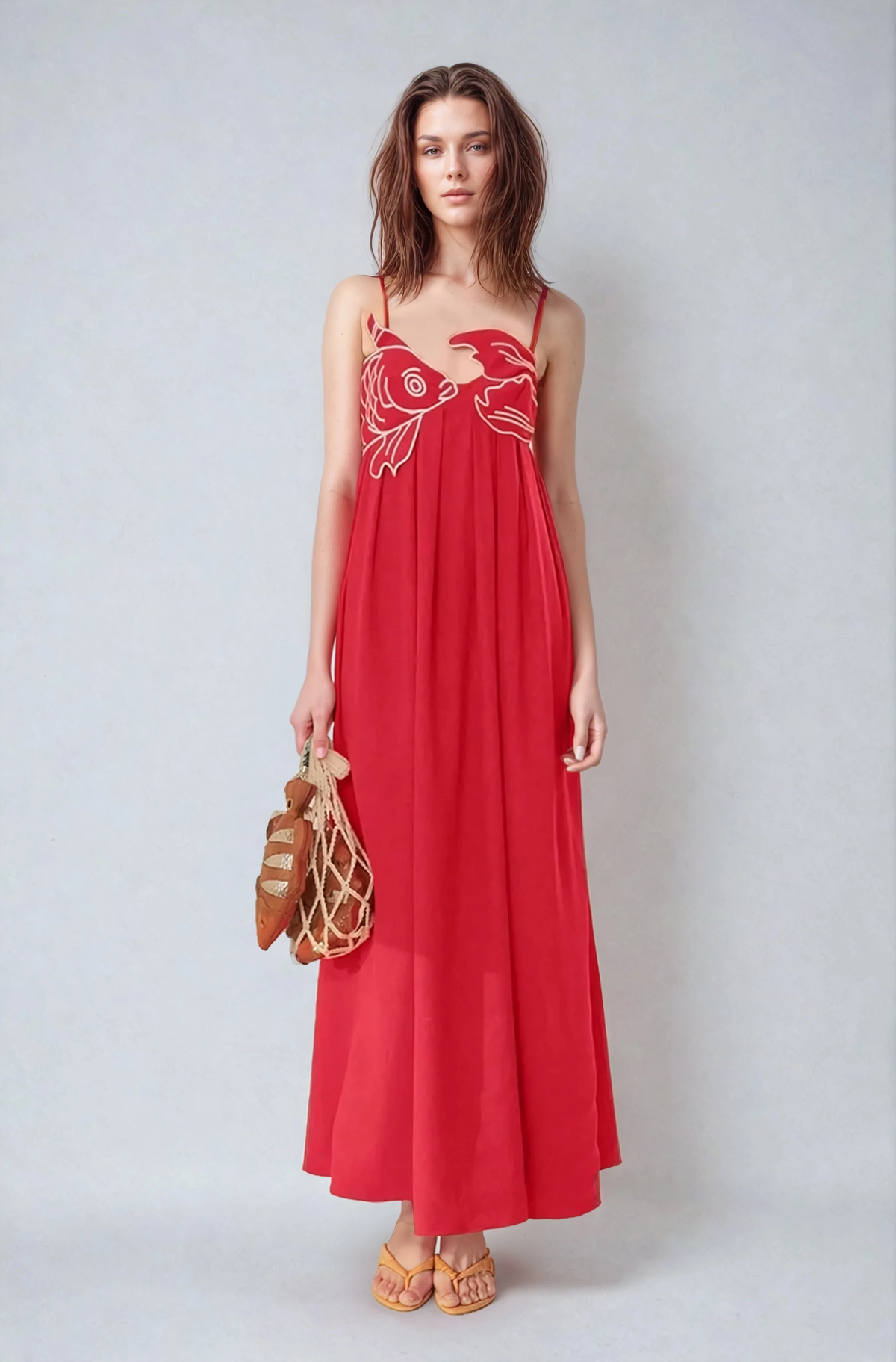 Audrey - Maxi Dress – red with goldfish embroidery – front view on model (5)