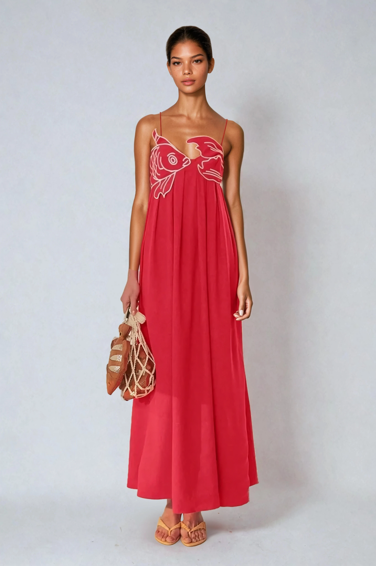 Audrey - Maxi Dress – red with goldfish embroidery – front view on model (6)