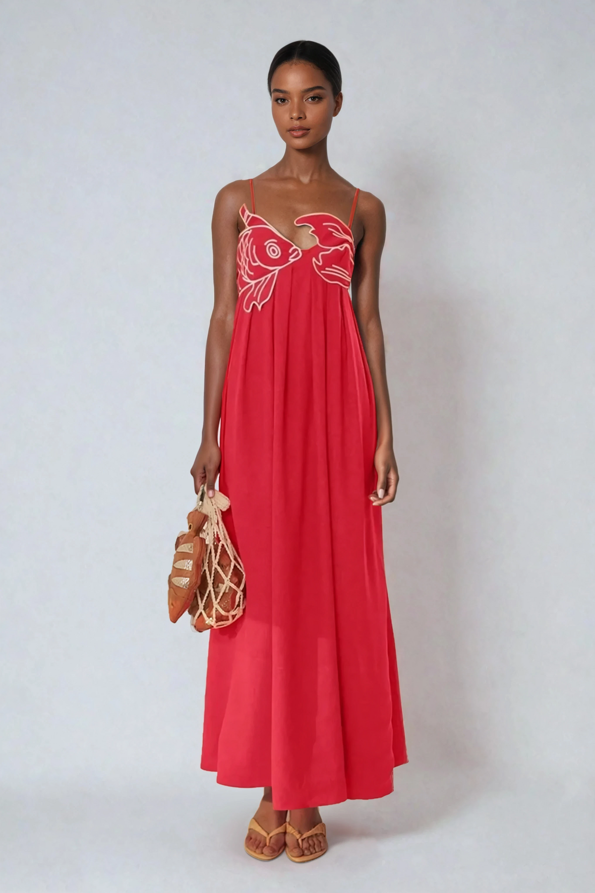 Audrey - Maxi Dress – red with goldfish embroidery – front view on model (7)
