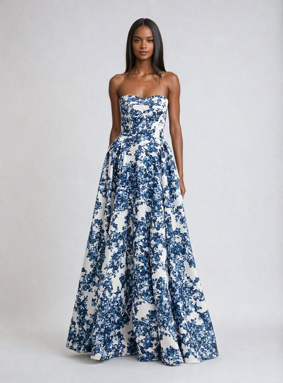 Ariana - Strapless Blue Maxi Dress – blue floral print – front view on model (2)