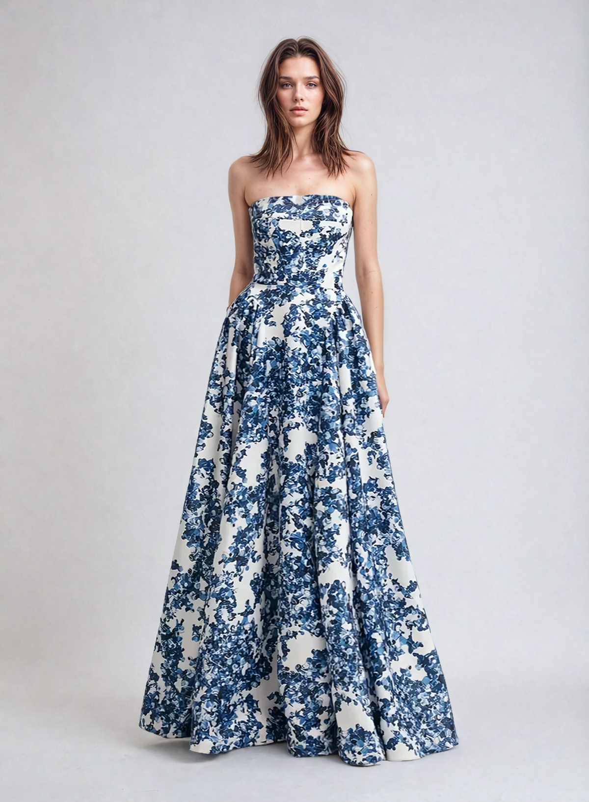 Ariana - Strapless Blue Maxi Dress – blue floral print – front view on model (3)