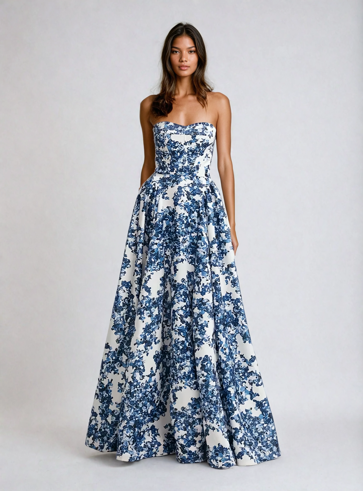 Ariana - Strapless Blue Maxi Dress – blue floral print – front view on model (4)