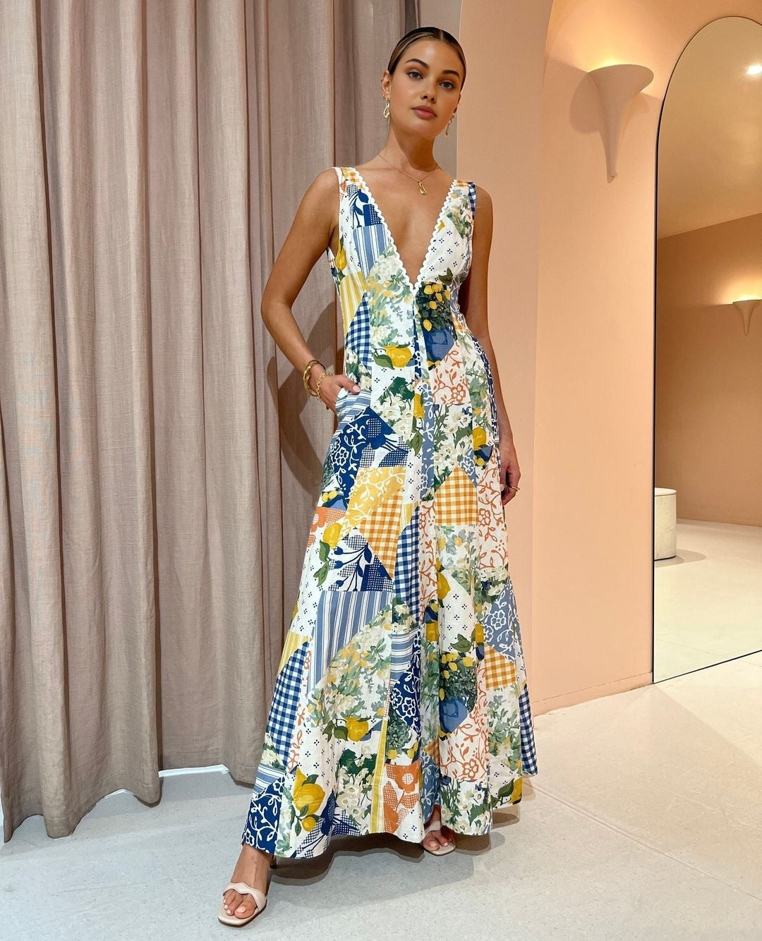 Madeline - Maxi Dress – multicolor patchwork print – front view on model (4)
