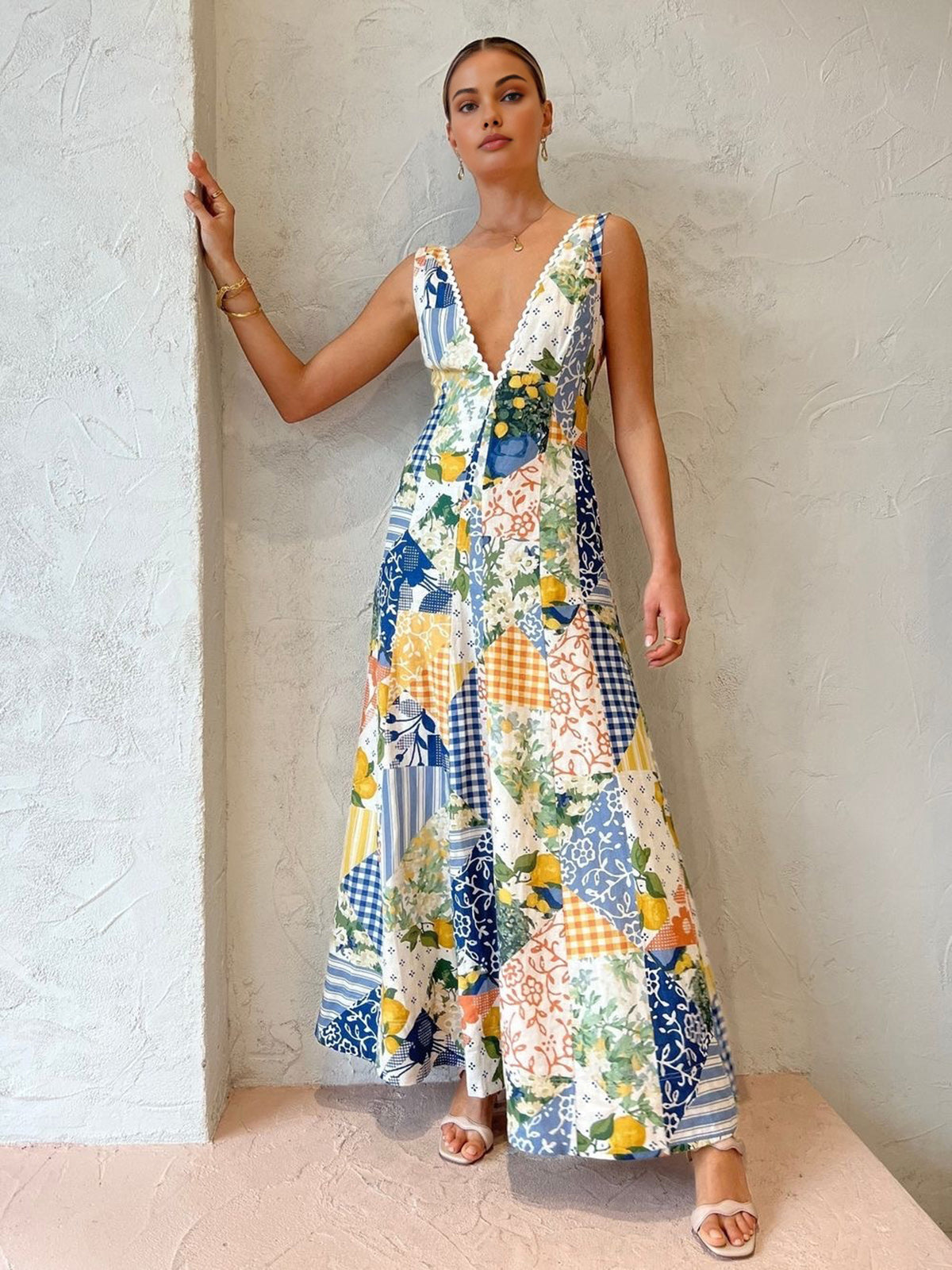 Madeline - Maxi Dress – multicolor patchwork print – front view on model (3)