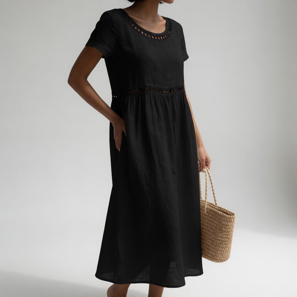 Amandine Eyelet Trim Cotton Midi Dress - black front view