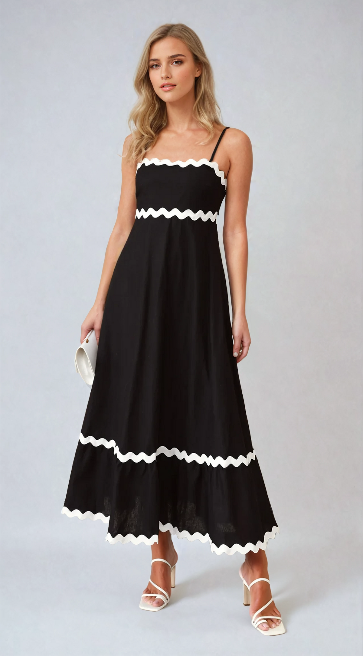 Brodey Midi Dress - Black / White – black with white trim – front view on model