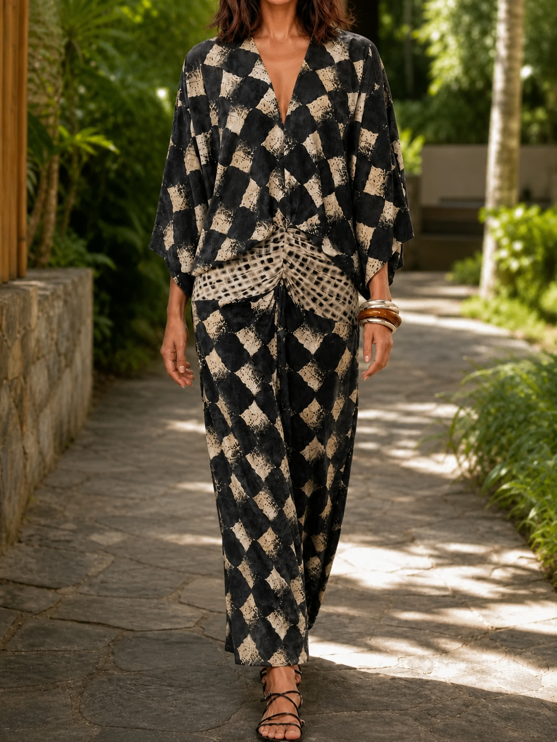 Rhodes Mosaic Print Two-Piece Set - front view on a garden path
