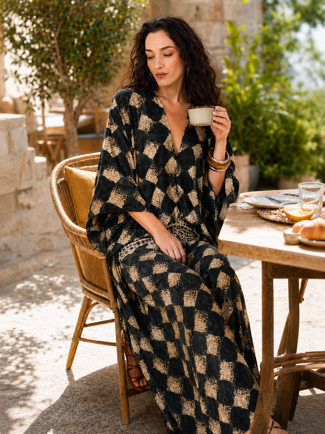 Rhodes Mosaic Print Two-Piece Set - seated, showing both pieces