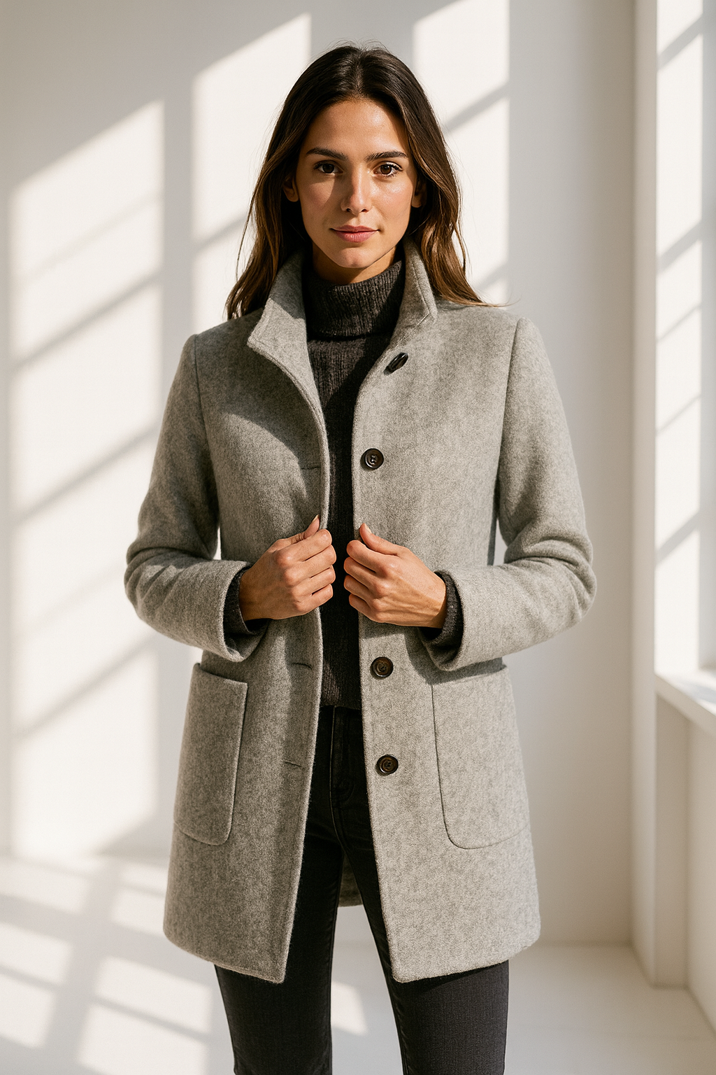 Aspen Coat — hero, worn open in natural light