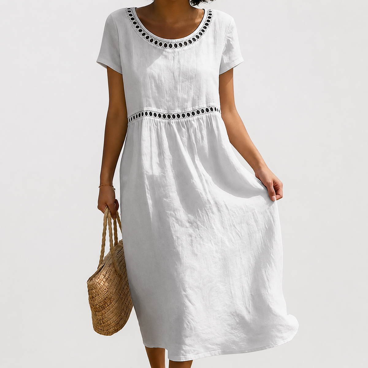 Amandine Eyelet Trim Cotton Midi Dress - crisp white front view