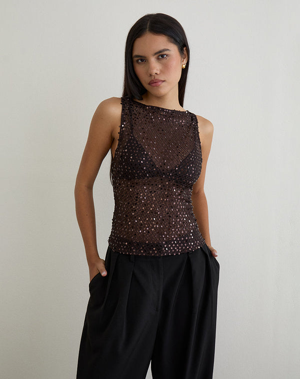 Serena Coffee Sequin Knit Tank Top
