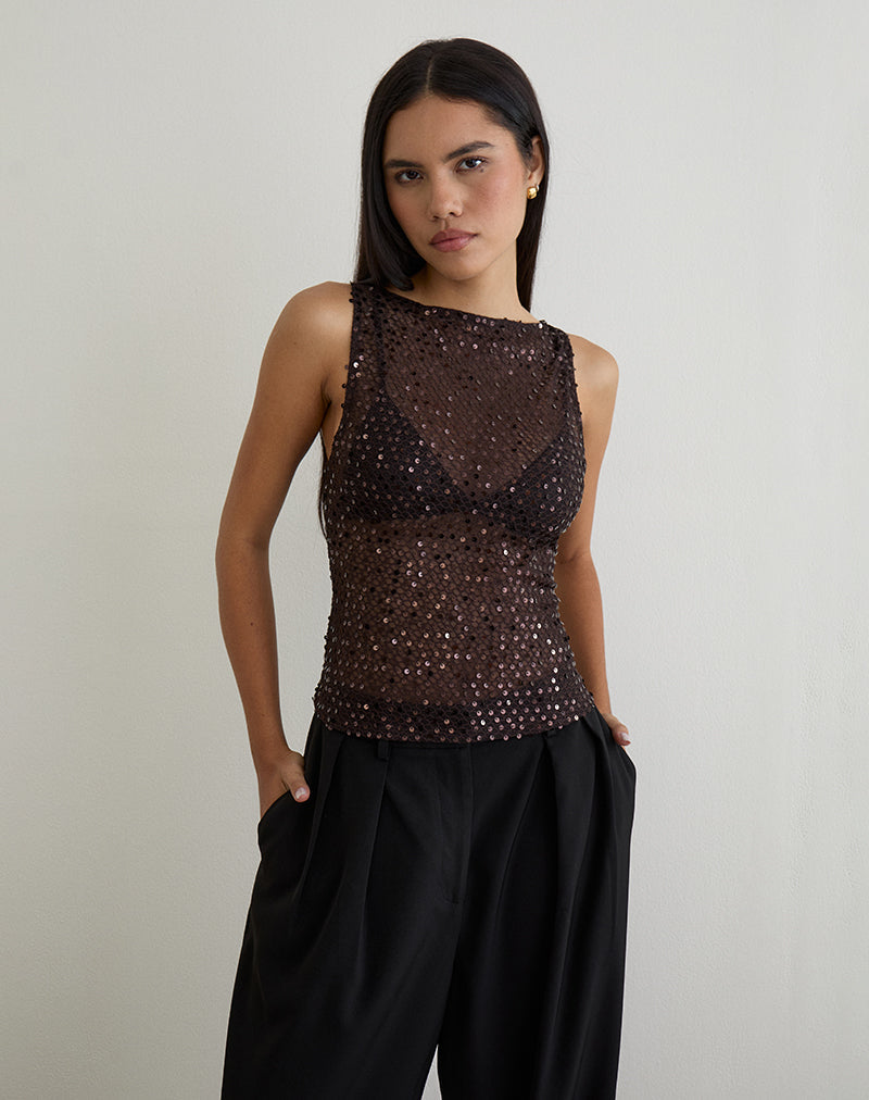 Serena - Coffee Sequin Knit Tank Top