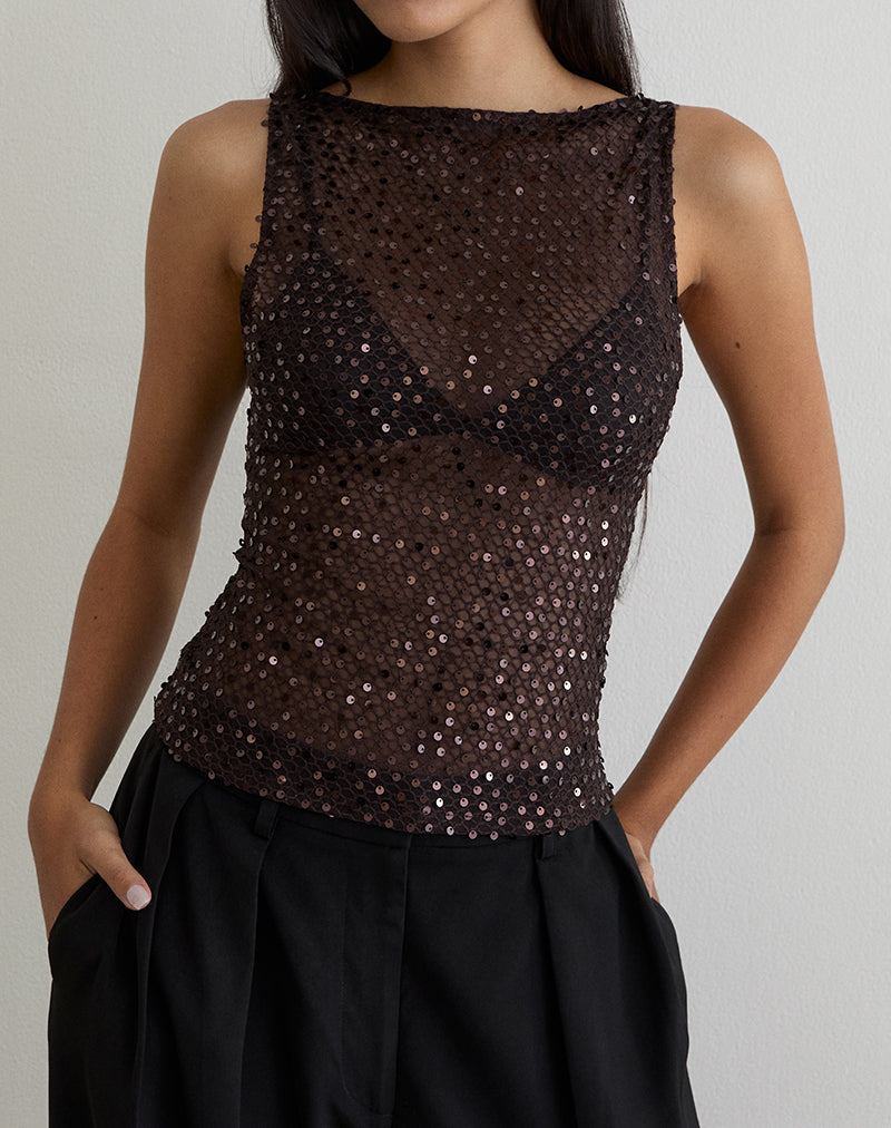 Serena - Coffee Sequin Knit Tank Top