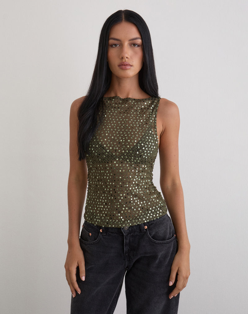 Serena - Olive Sequin Knit Tank Top