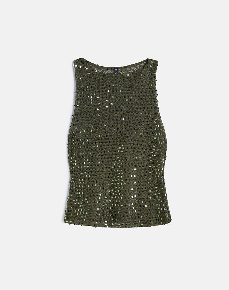 Serena - Olive Sequin Knit Tank Top