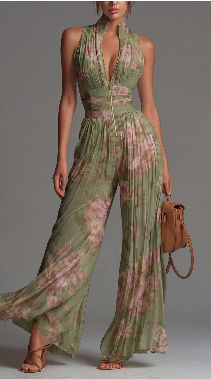 Solene Pleated Floral Jumpsuit — hero front full length