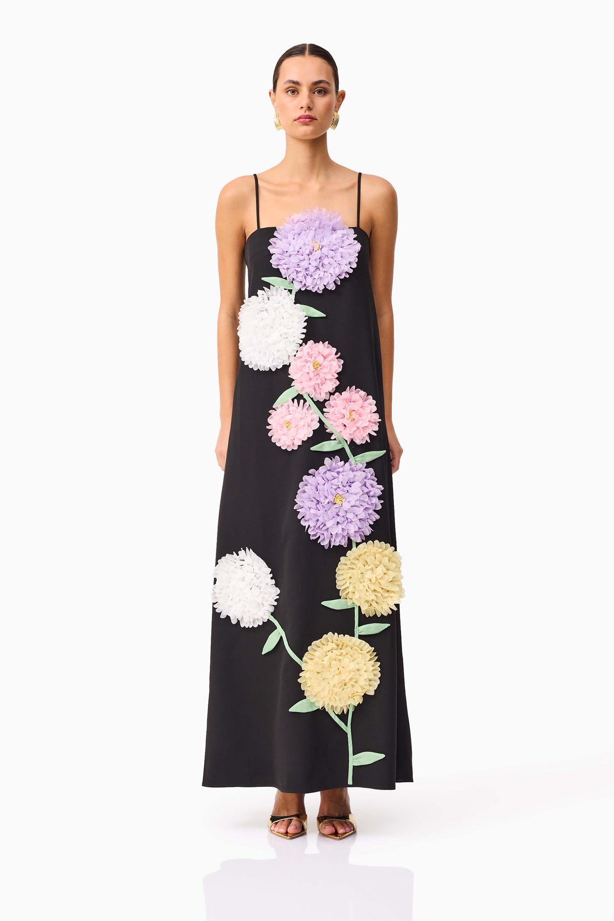 Petunia - Maxi Dress – black with pastel floral applique – front view on model (2)