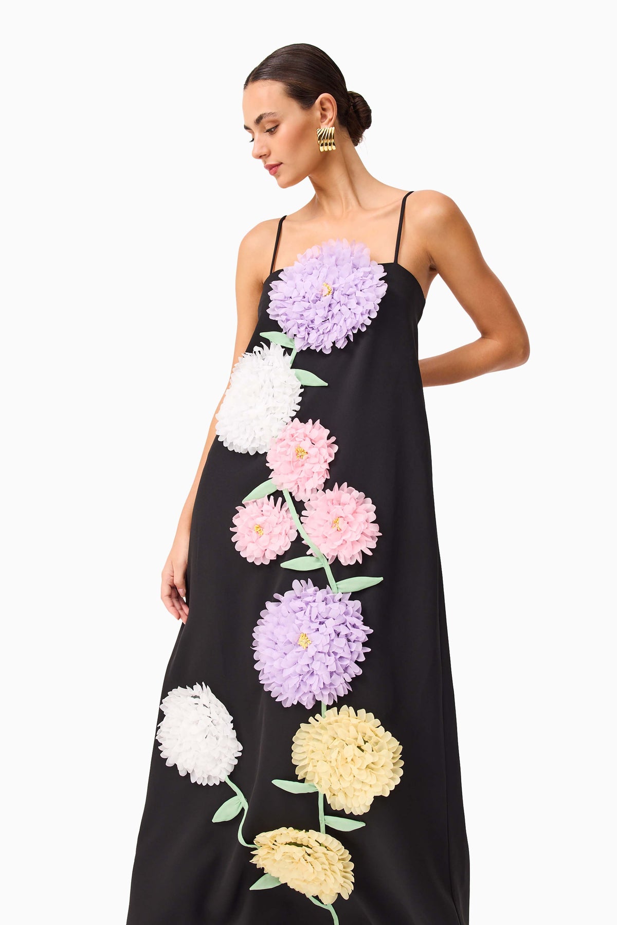 Petunia - Maxi Dress – black with pastel floral applique – front view on model (3)