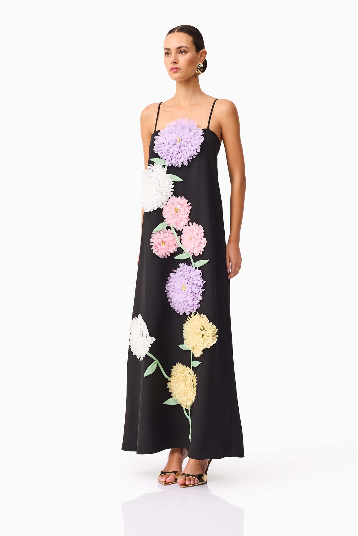 Petunia - Maxi Dress – black with pastel floral applique – front view on model (4)