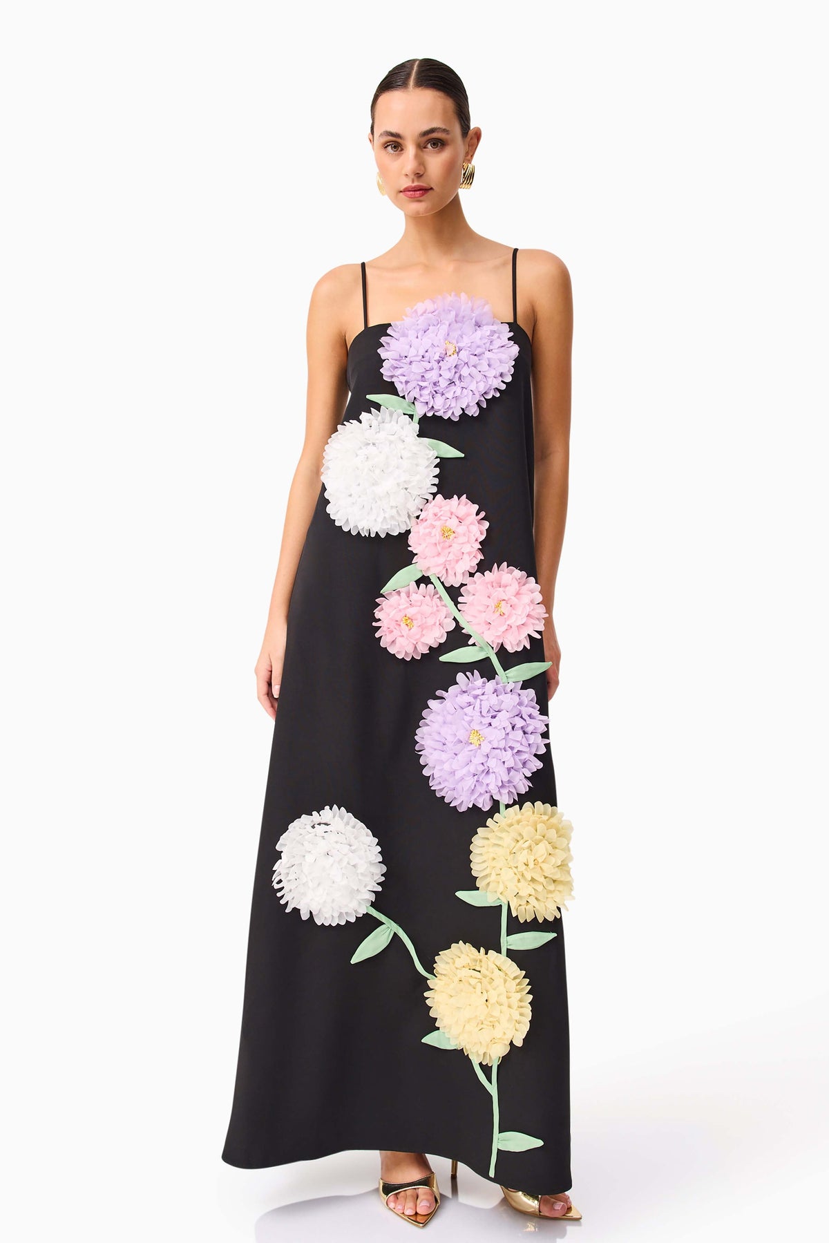 Petunia - Maxi Dress – black with pastel floral applique – front view on model (6)