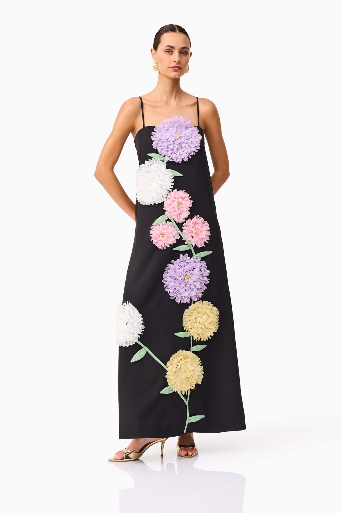 Petunia - Maxi Dress – black with pastel floral applique – front view on model (5)