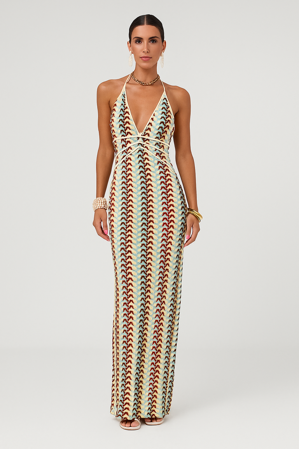 Eden - Maxi Dress – multicolor crochet stripe – front view on model