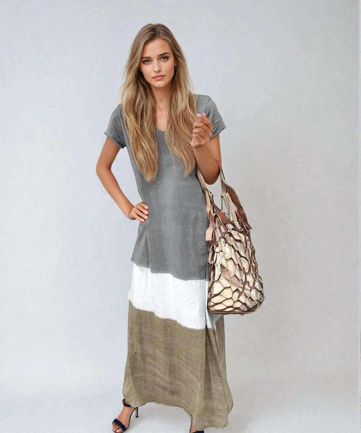 Estelle - Maxi Dress – gray colorblock – front view on model