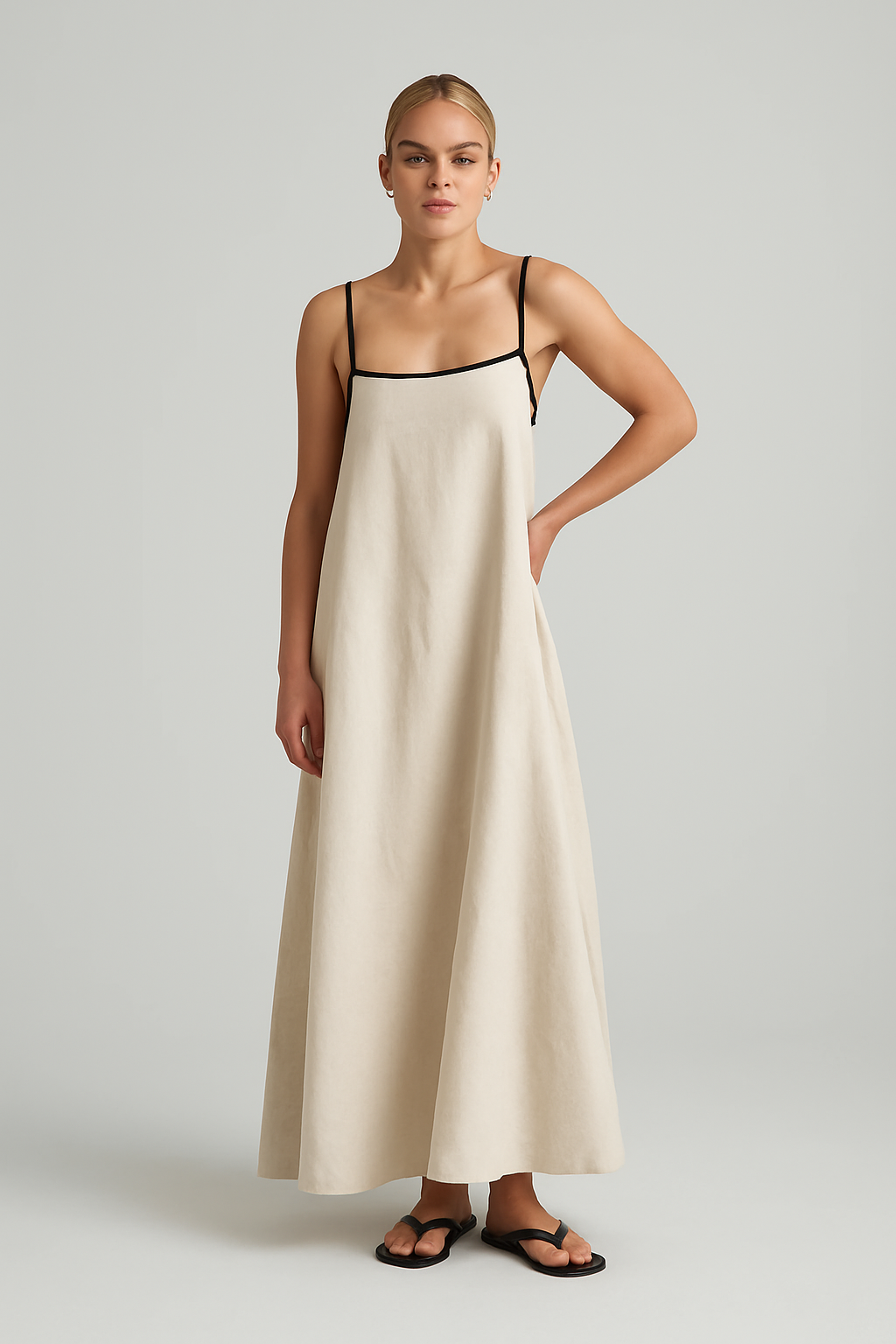 Floriana - Maxi Dress – beige with black trim – front view on model