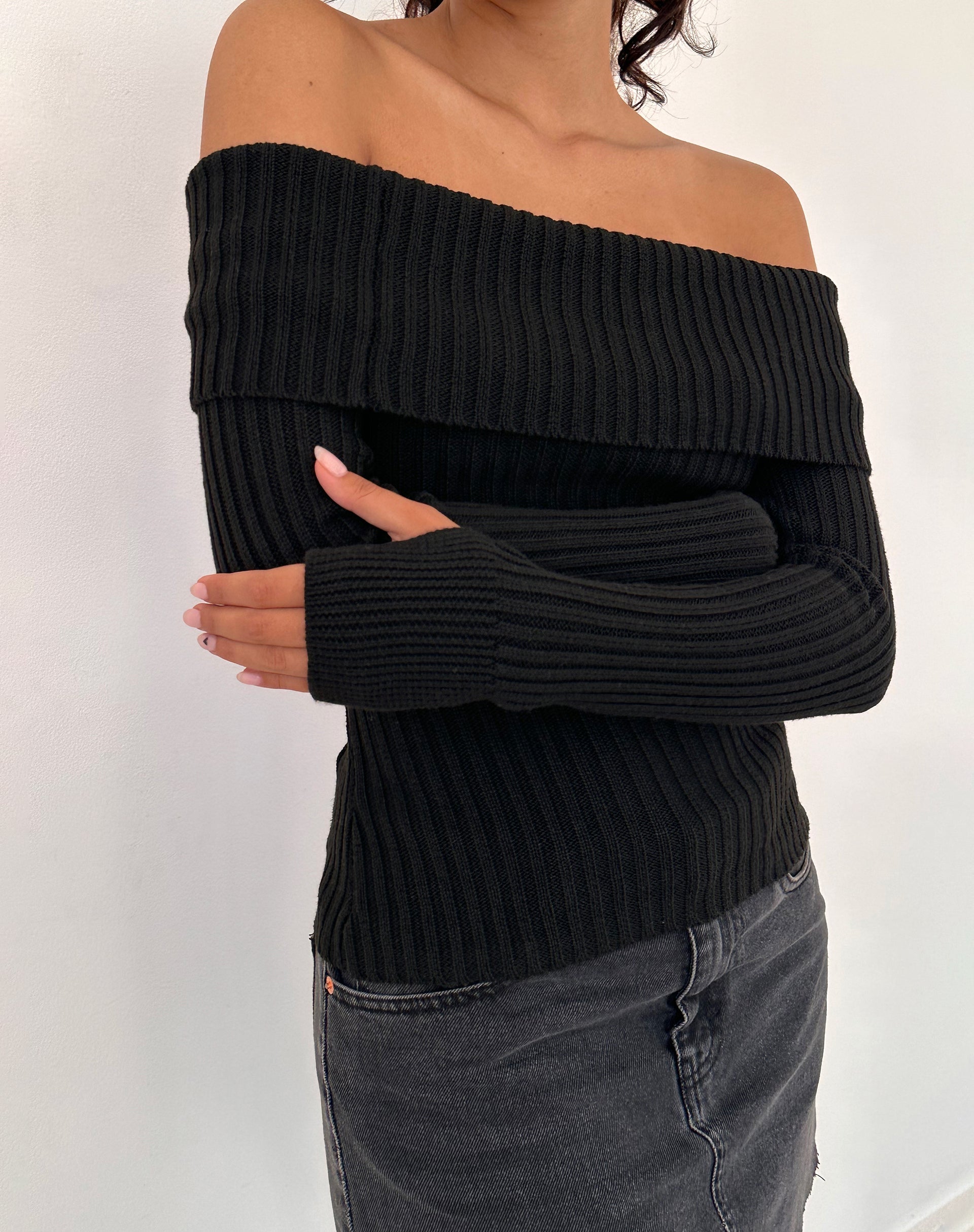 Freya - Black Off-Shoulder Knit Top