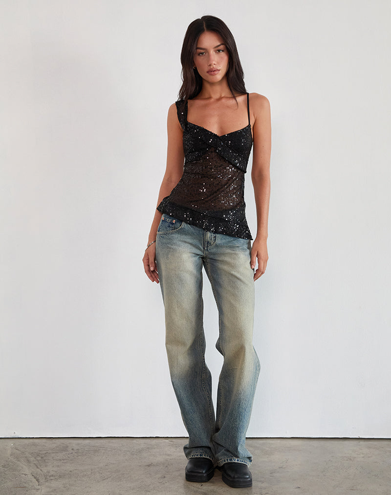 Selene - Black Sheer Sequin Asymmetric Top