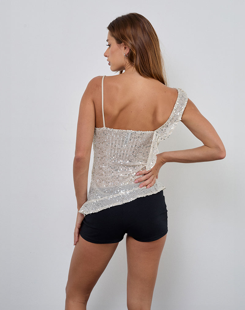 Selene - Champagne Sheer Sequin Asymmetric Top