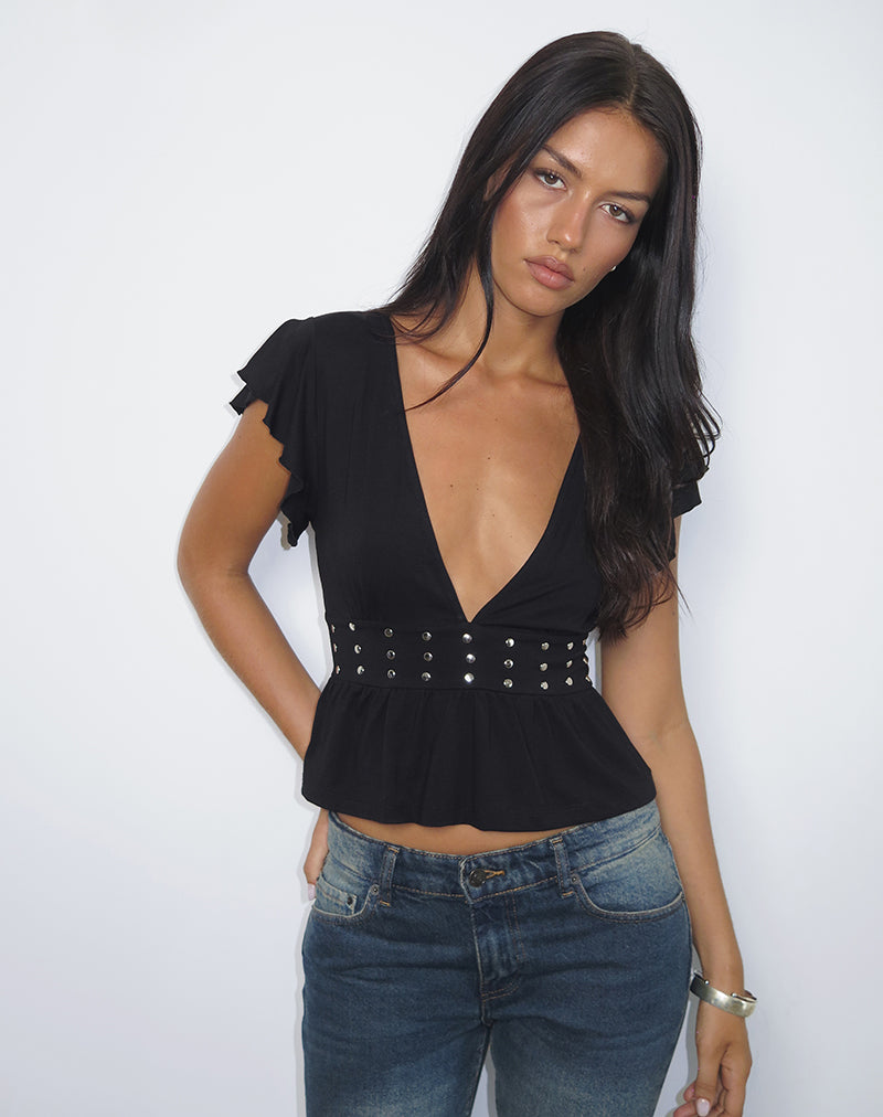 Margot - Black Studded Jersey Ruffle Top