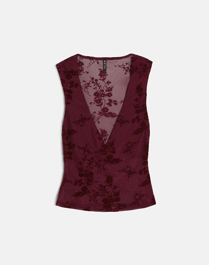 Daphne - Maroon Flocked Floral Top