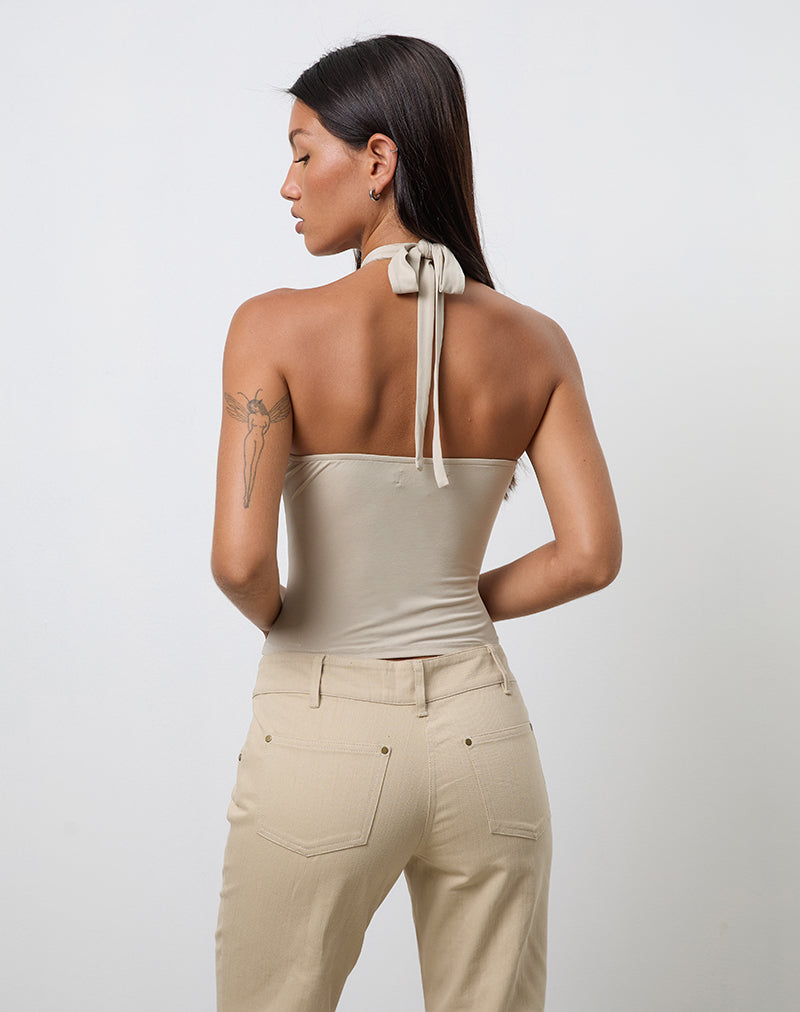 Alexandria - Oatmeal Satin Ring-Detail Halter Top