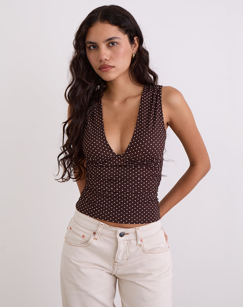 Bianca - Brown Polka Dot Plunge Top
