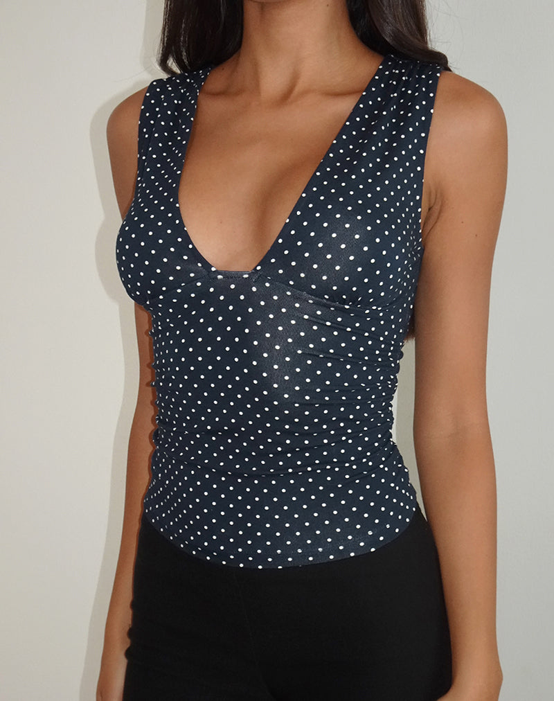 Bianca - Navy Polka Dot Plunge Top