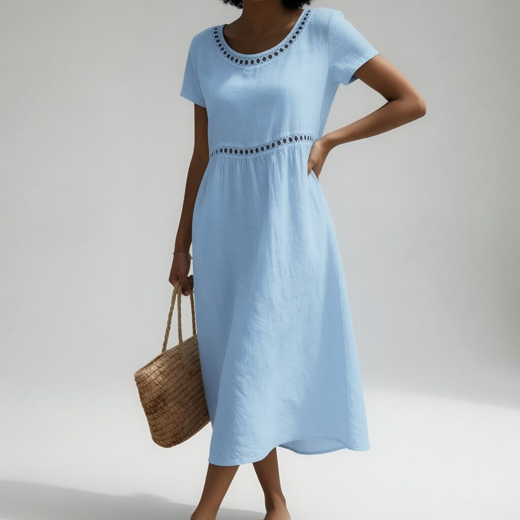 Amandine Eyelet Trim Cotton Midi Dress - light blue front view