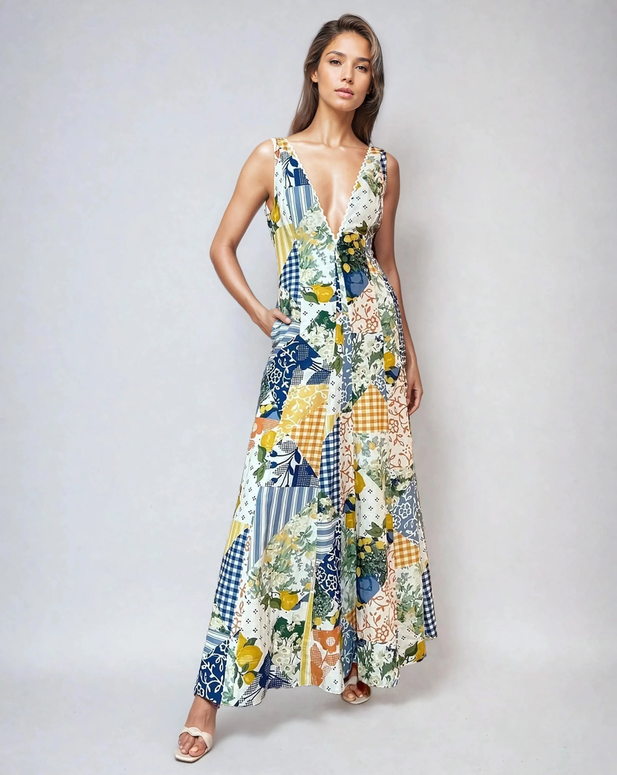 Madeline - Maxi Dress – multicolor patchwork print – front view on model