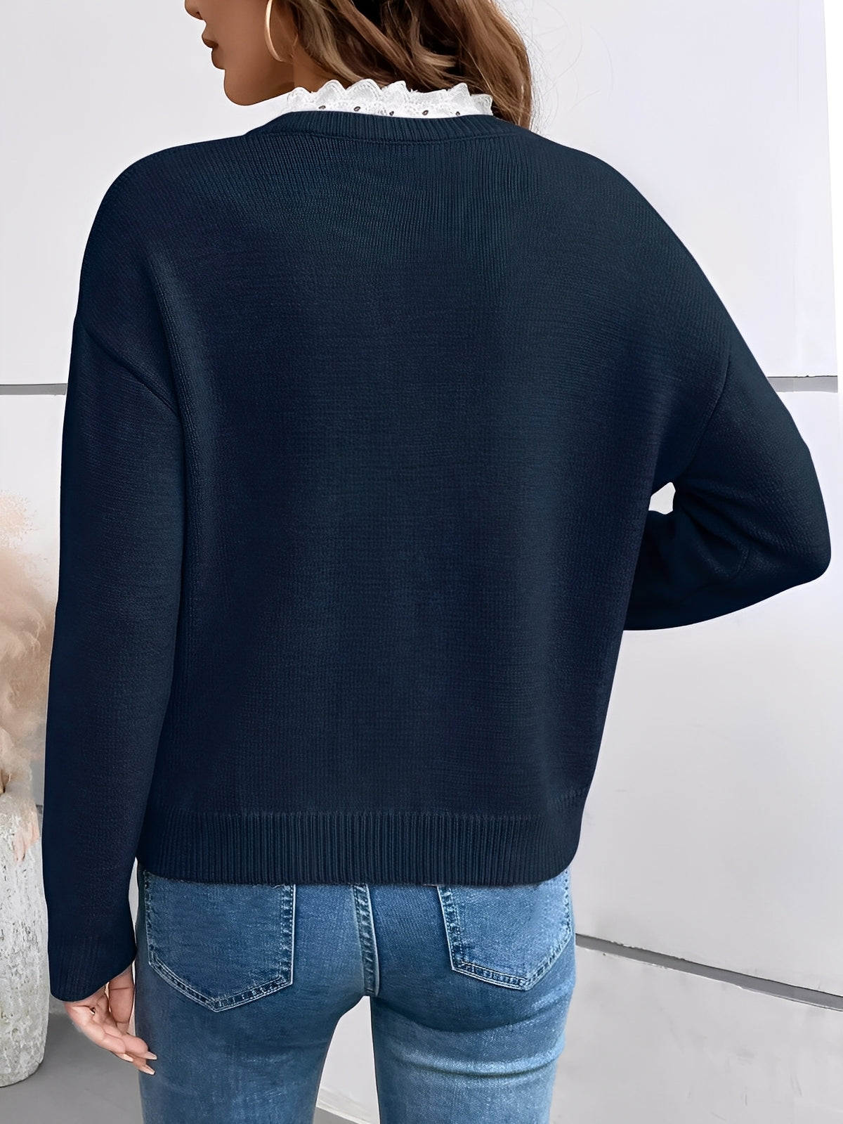 Marguerite Lace Trim Sweater - blue back view