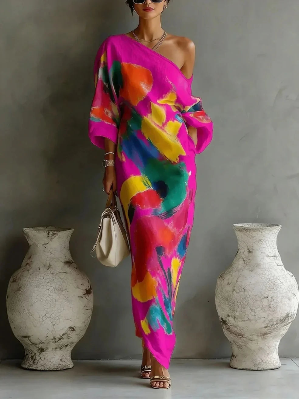Positano Maxi Dress — pink base, front view