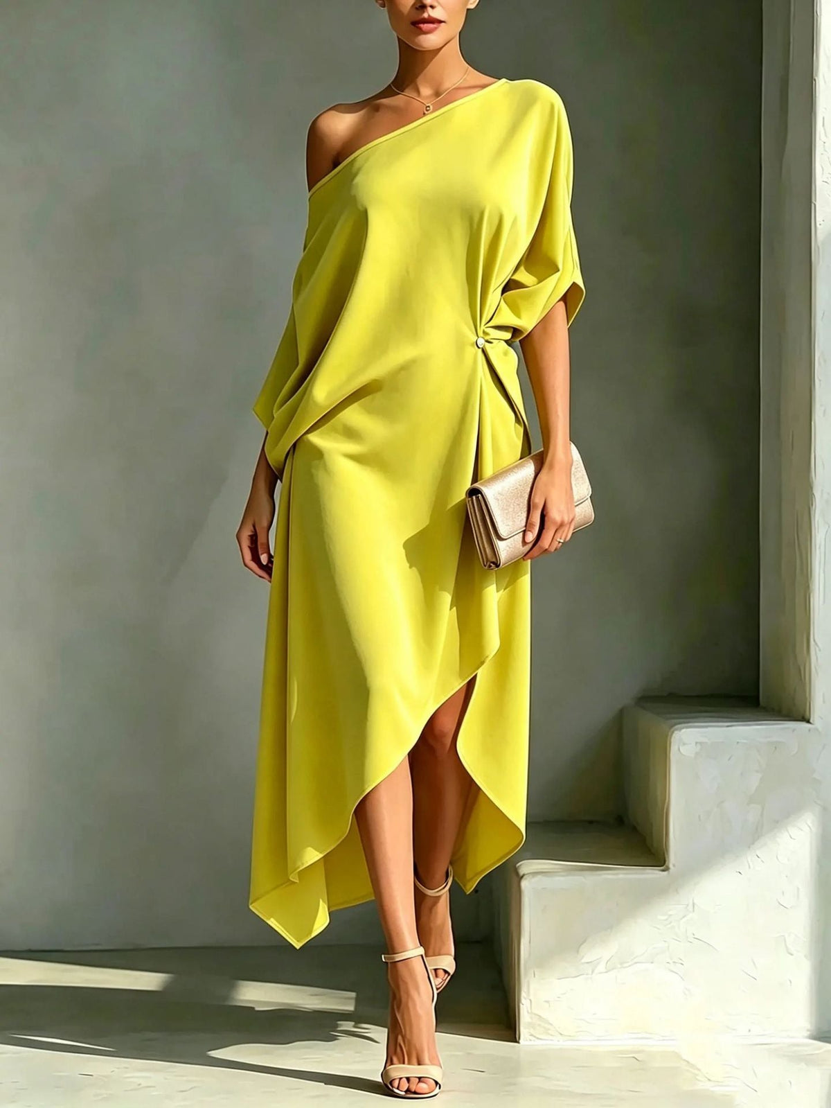 Vesper Asymmetric One-Shoulder Midi Dress - yellow front view