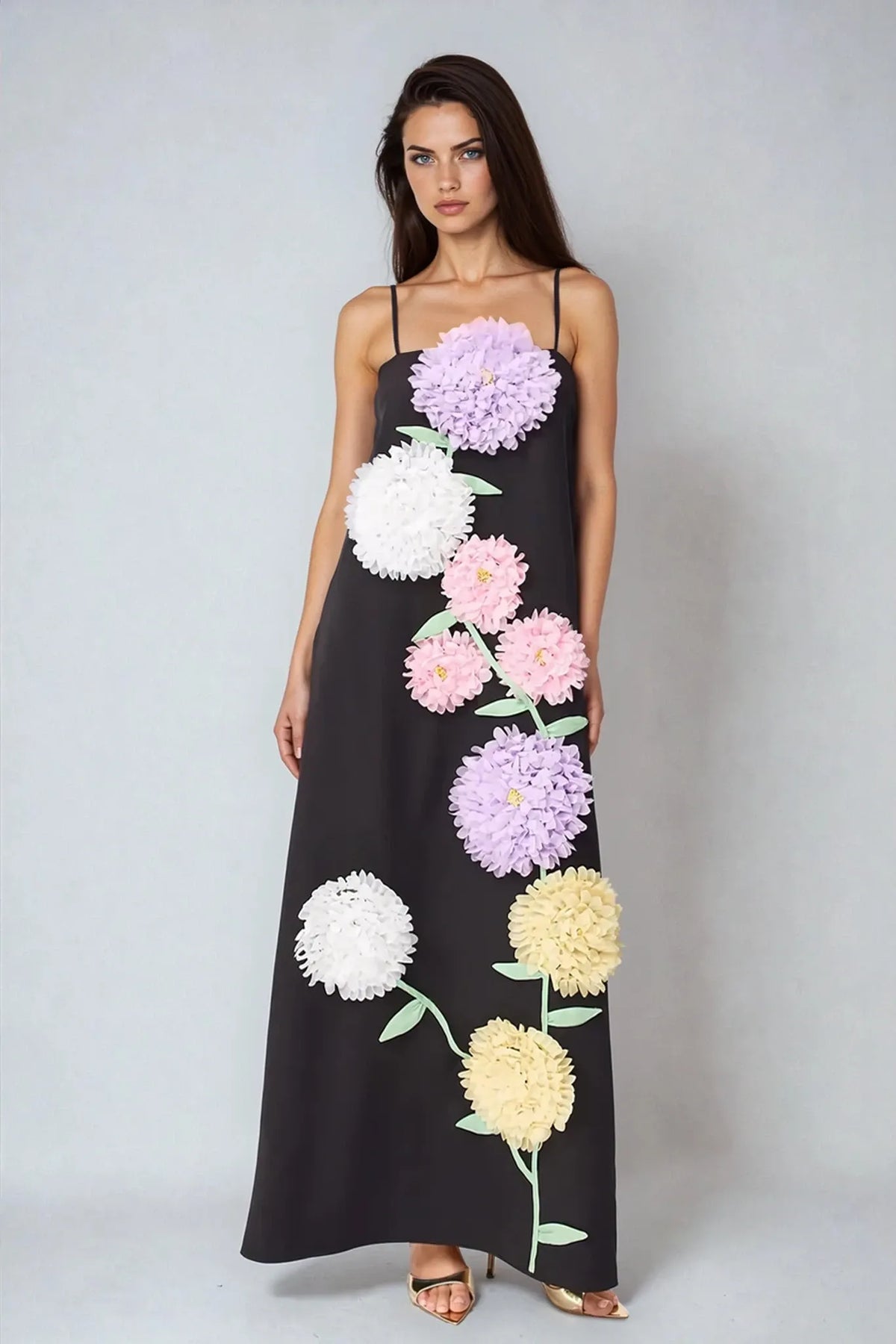Petunia - Maxi Dress – black with pastel floral applique – front view on model