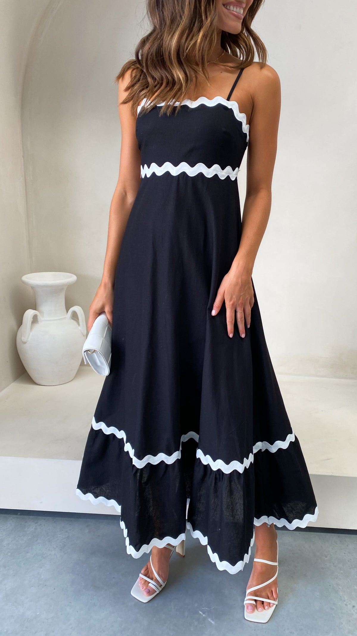 Brodey Midi Dress - Black / White – black with white trim – side view