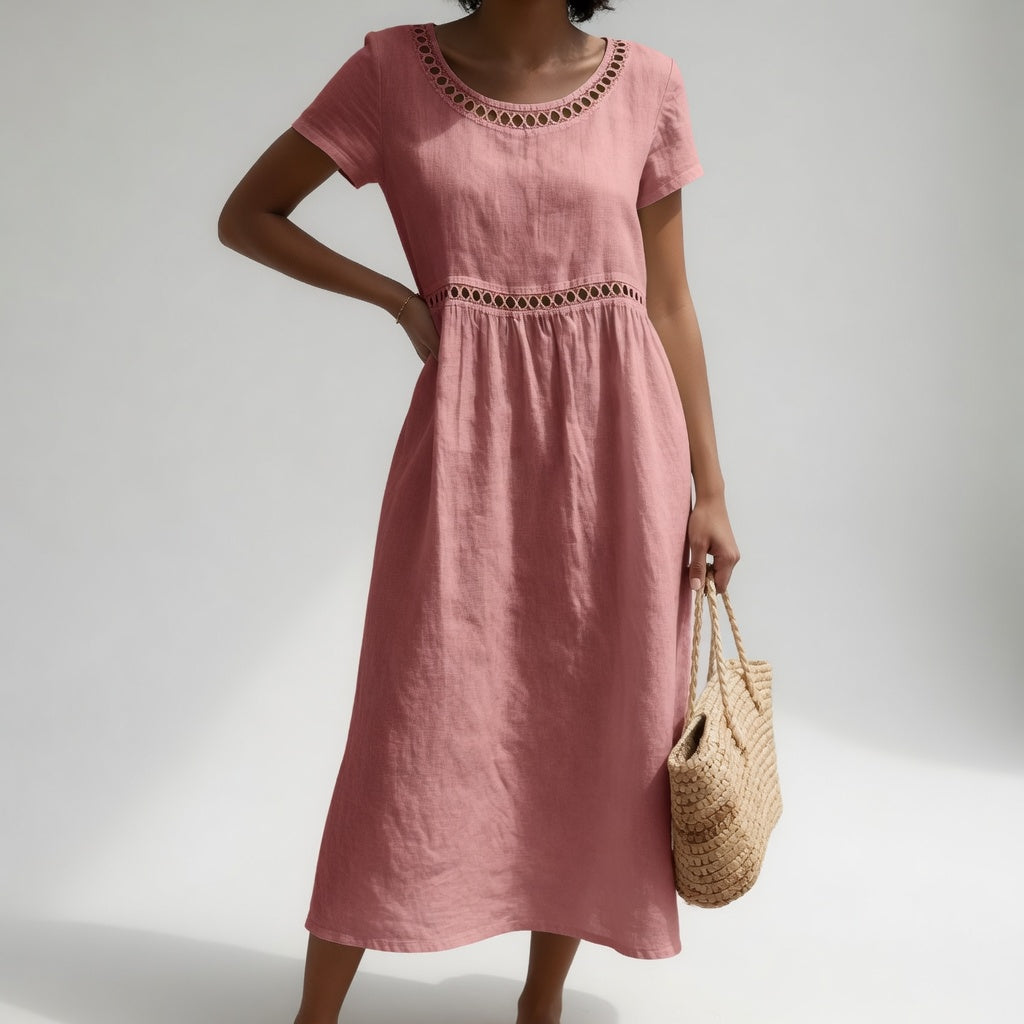 Amandine Eyelet Trim Cotton Midi Dress - dusty pink front view