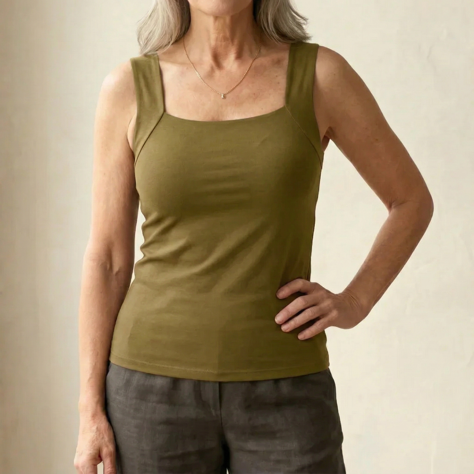Willa Built-In Bra Tank Top — Olive Green front