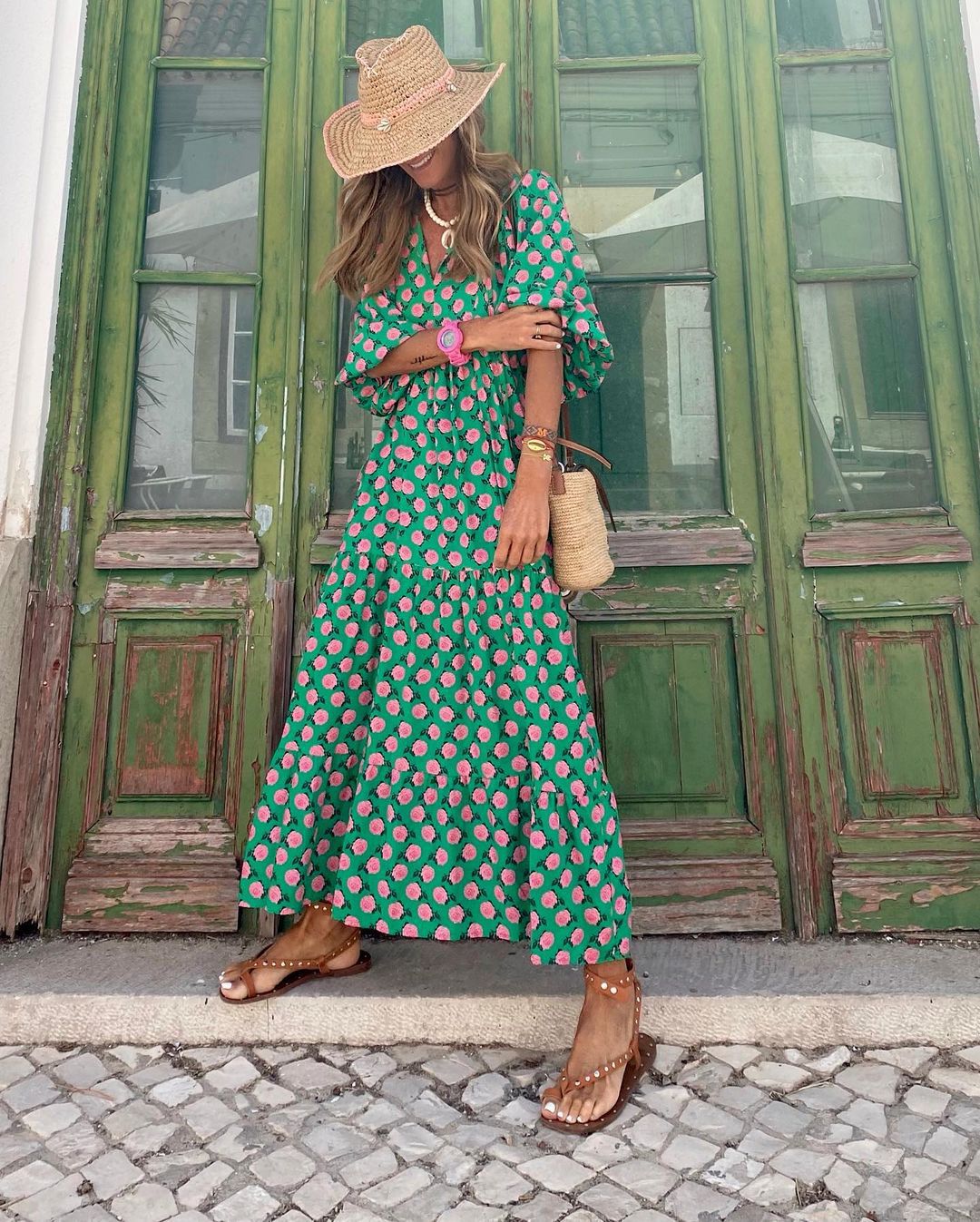 Sophia - Bohemian Print Maxi Dress – green and pink dot print – lifestyle (3)